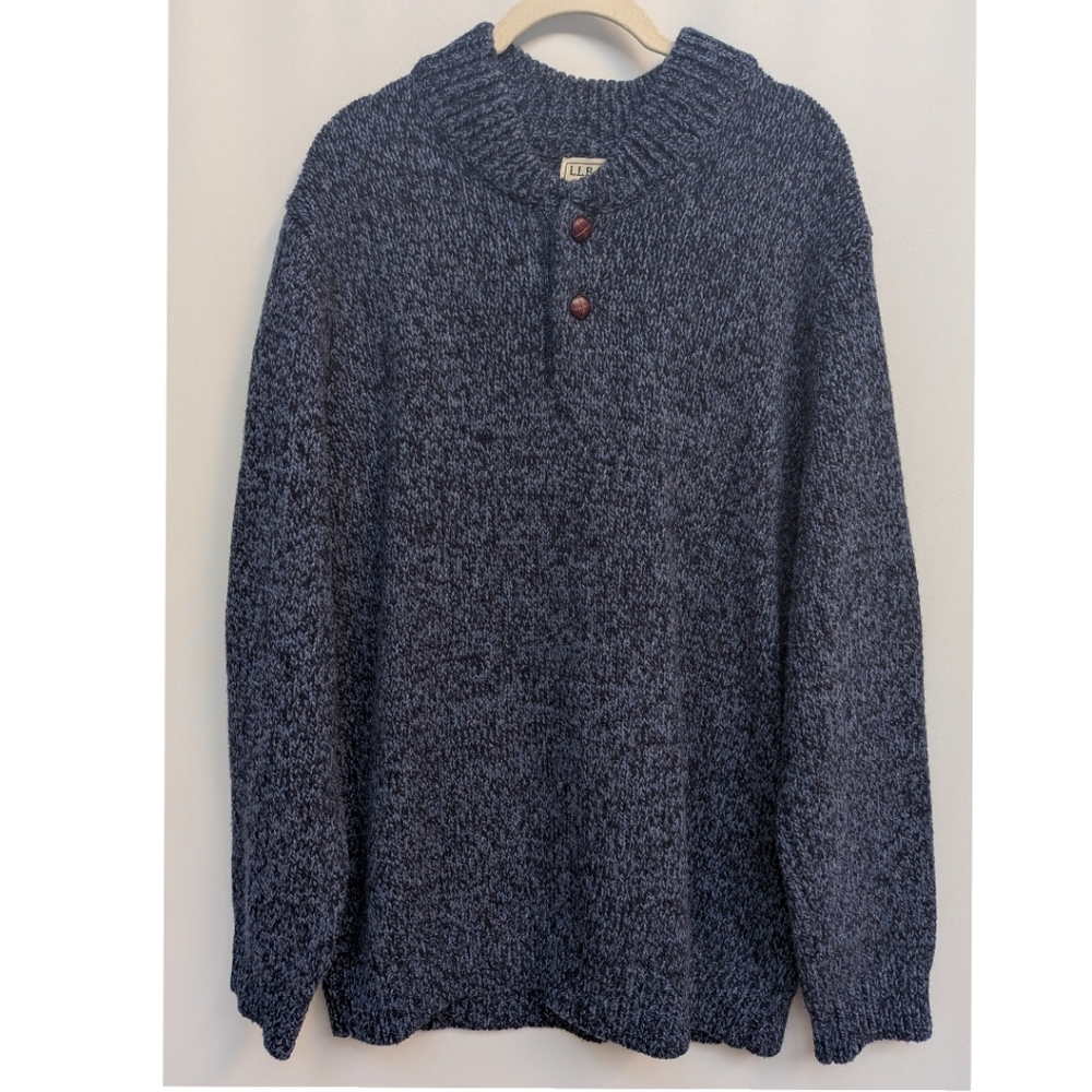 L.L. Bean 100% Lambs Wool VTG Blue Marbled Knit 1/4 Button Up Sweater Size XL - Picture 1 of 12
